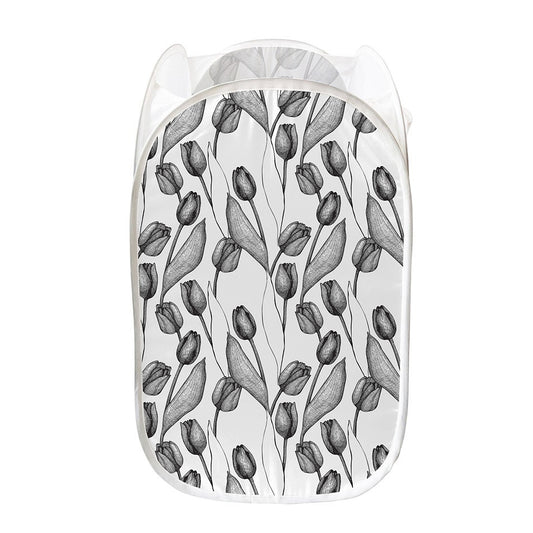 Black And White Tulip Pattern Print Mesh Laundry Hamper