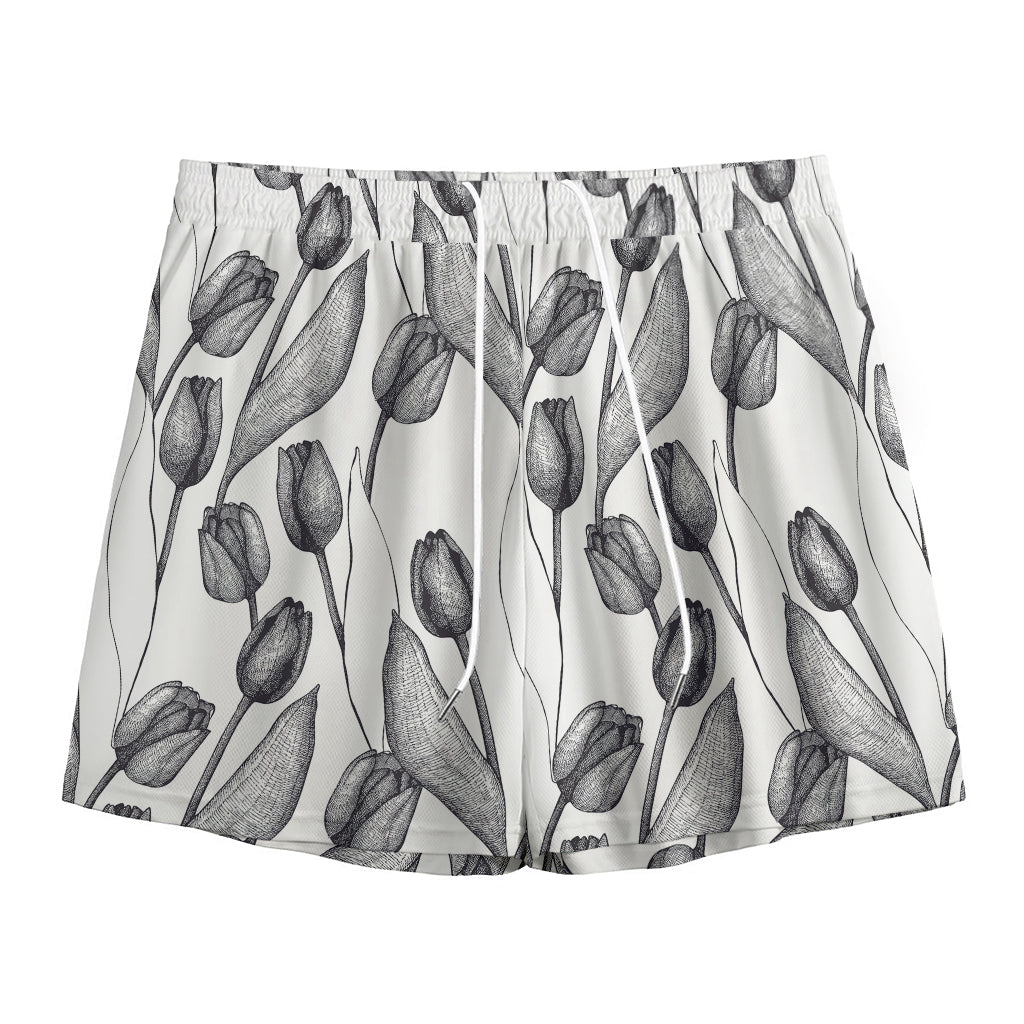 Black And White Tulip Pattern Print Mesh Shorts