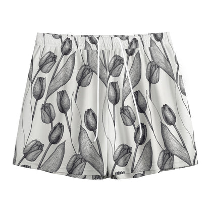 Black And White Tulip Pattern Print Mesh Shorts