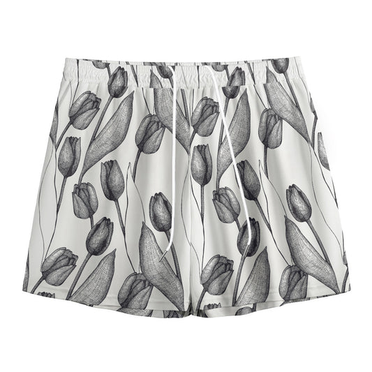 Black And White Tulip Pattern Print Mesh Shorts