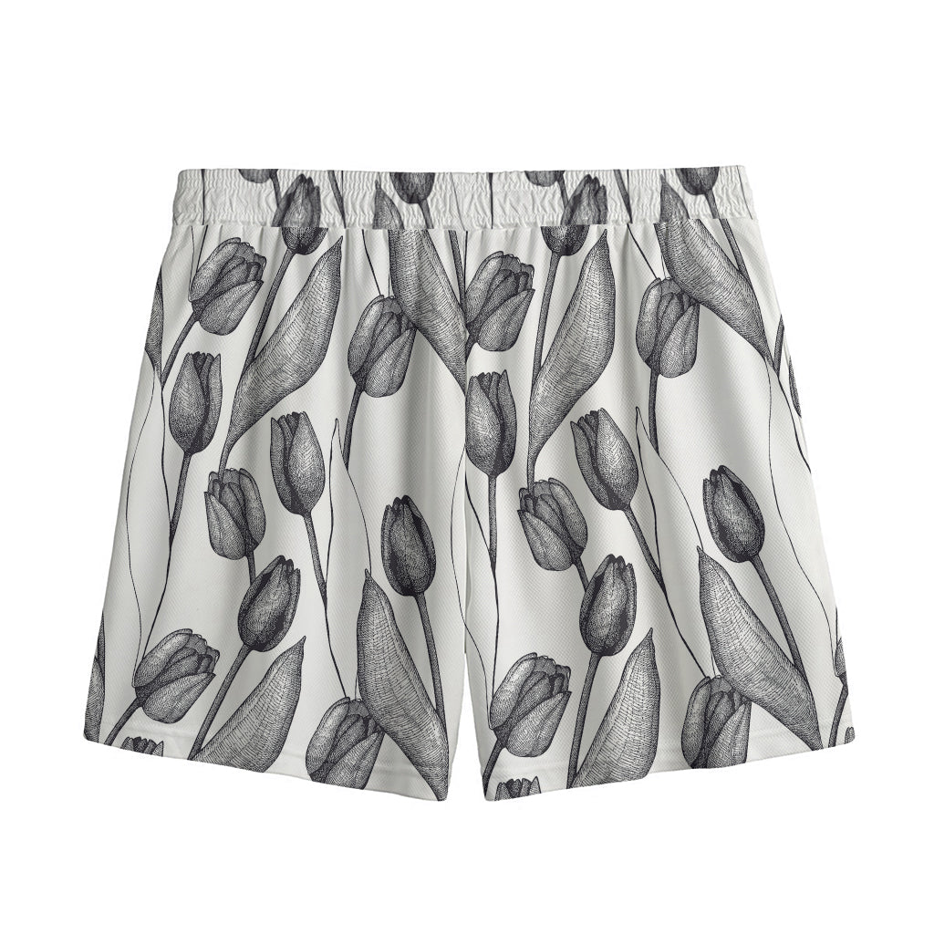 Black And White Tulip Pattern Print Mesh Shorts