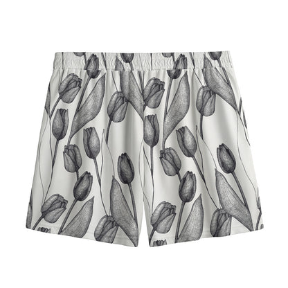 Black And White Tulip Pattern Print Mesh Shorts