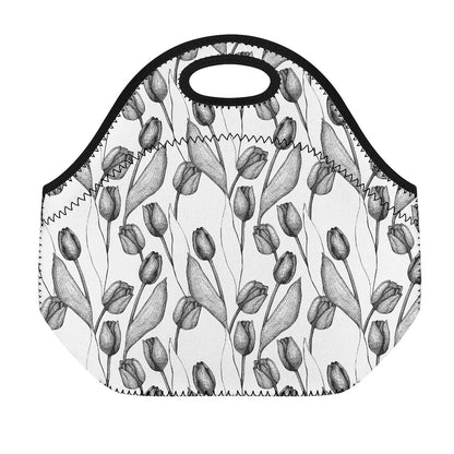 Black And White Tulip Pattern Print Neoprene Lunch Bag
