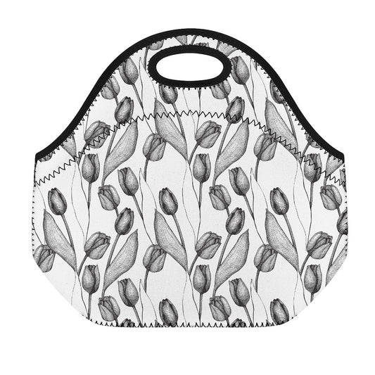 Black And White Tulip Pattern Print Neoprene Lunch Bag