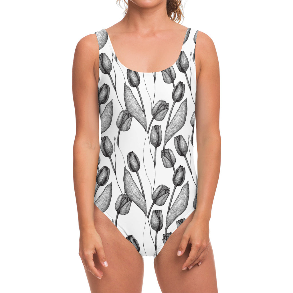 Black And White Tulip Pattern Print One Piece Swimsuit