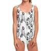 Black And White Tulip Pattern Print One Piece Swimsuit