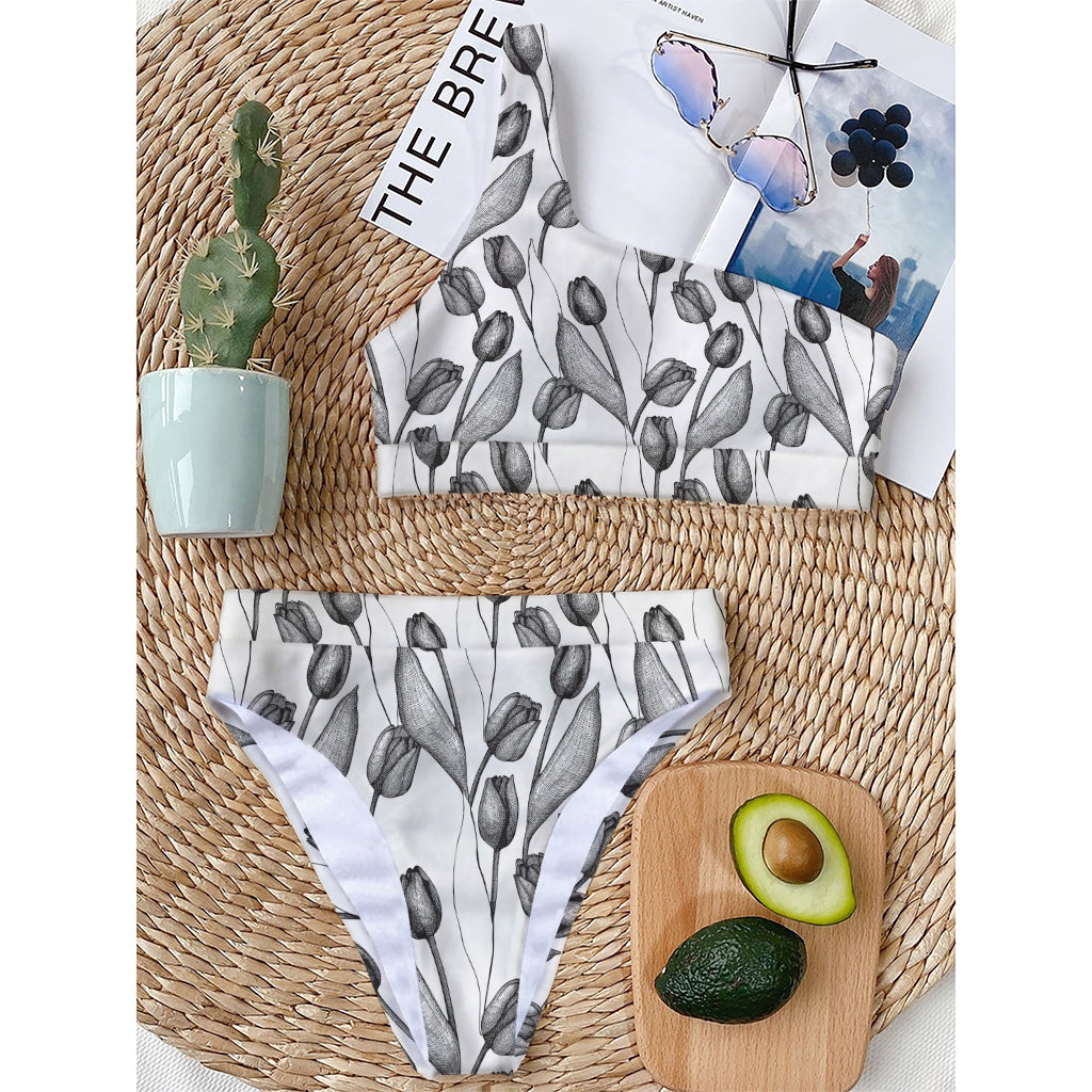 Black And White Tulip Pattern Print One Shoulder Bikini Top