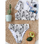 Black And White Tulip Pattern Print One Shoulder Bikini Top