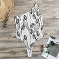 Black And White Tulip Pattern Print One Shoulder Bodysuit