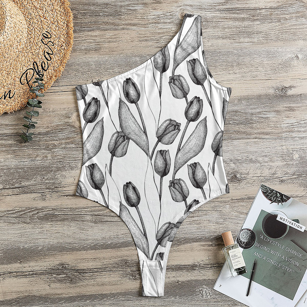 Black And White Tulip Pattern Print One Shoulder Bodysuit