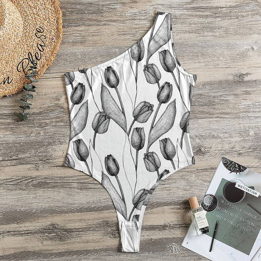 Black And White Tulip Pattern Print One Shoulder Bodysuit
