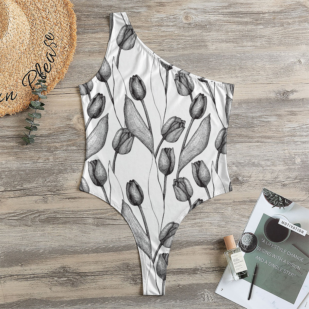 Black And White Tulip Pattern Print One Shoulder Bodysuit