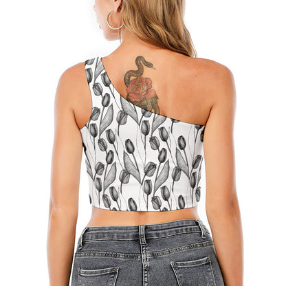 Black And White Tulip Pattern Print One Shoulder Crop Top
