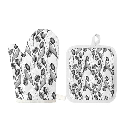 Black And White Tulip Pattern Print Oven Mitt And Pot Holder Set