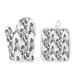 Black And White Tulip Pattern Print Oven Mitt And Pot Holder Set