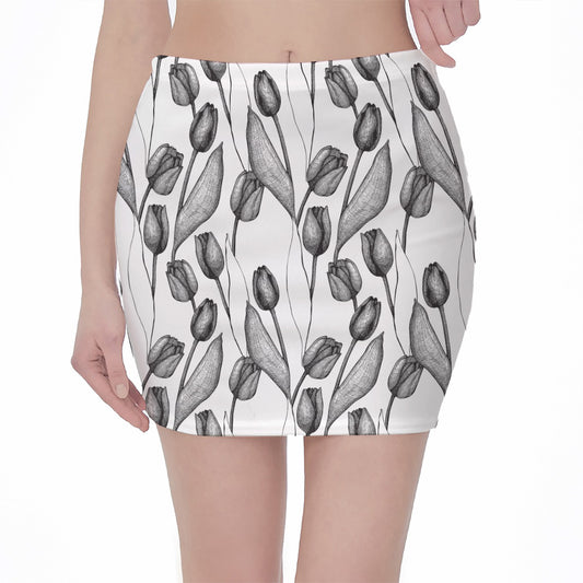 Black And White Tulip Pattern Print Pencil Mini Skirt