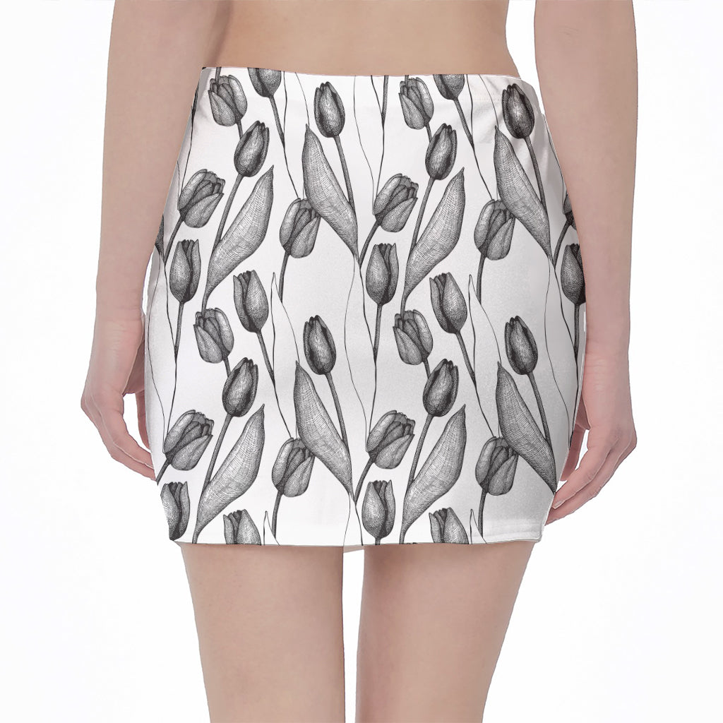 Black And White Tulip Pattern Print Pencil Mini Skirt