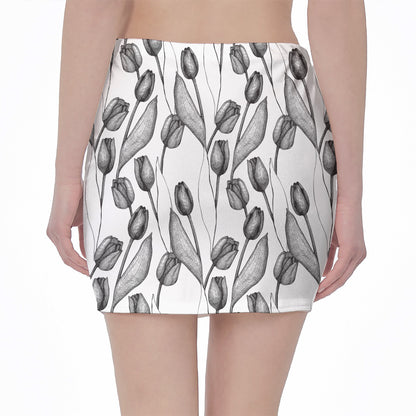 Black And White Tulip Pattern Print Pencil Mini Skirt