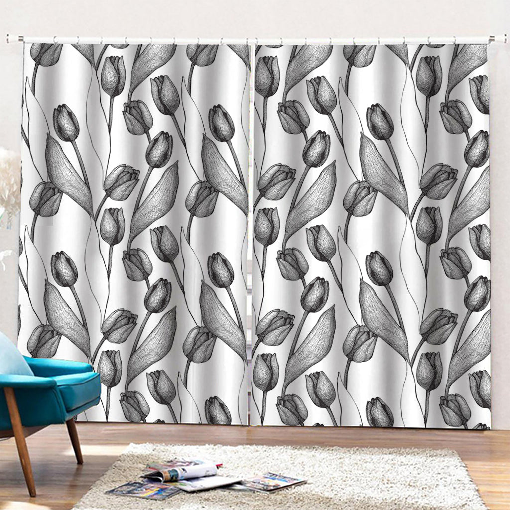 Black And White Tulip Pattern Print Pencil Pleat Curtains