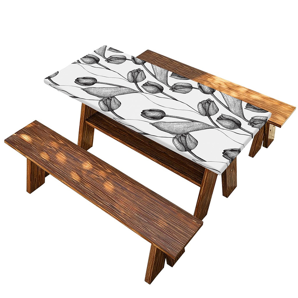 Black And White Tulip Pattern Print Picnic Table Cover