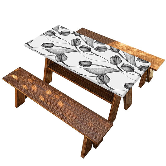 Black And White Tulip Pattern Print Picnic Table Cover