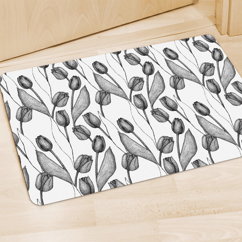 Black And White Tulip Pattern Print Polyester Doormat