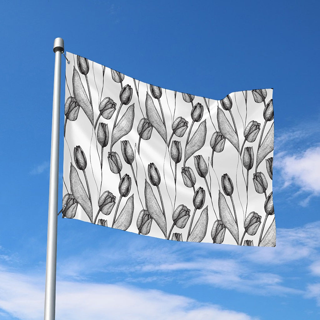 Black And White Tulip Pattern Print Polyester Flag