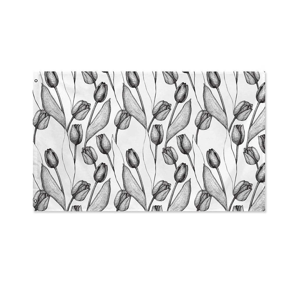 Black And White Tulip Pattern Print Polyester Flag