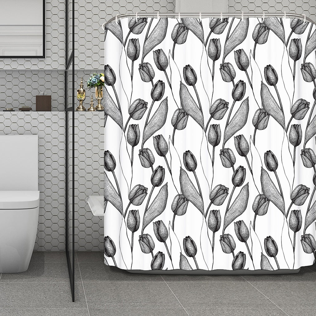 Black And White Tulip Pattern Print Polyester Shower Curtain