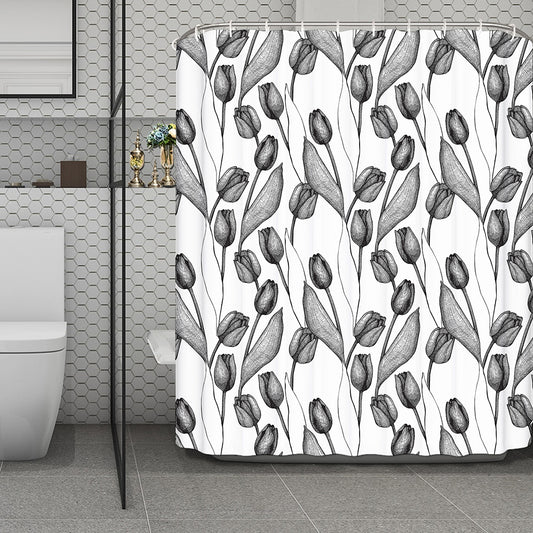 Black And White Tulip Pattern Print Polyester Shower Curtain