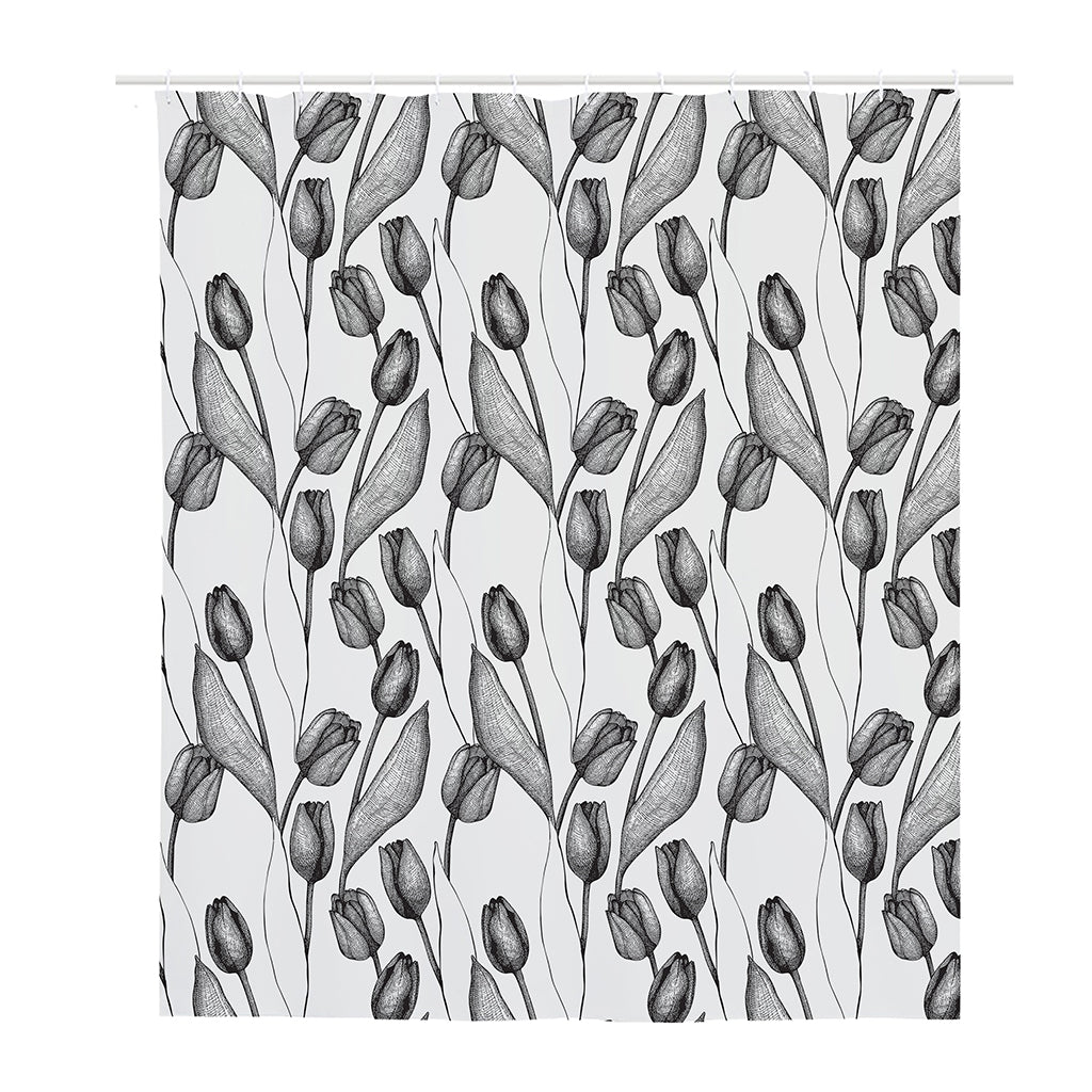 Black And White Tulip Pattern Print Polyester Shower Curtain