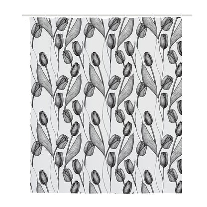 Black And White Tulip Pattern Print Polyester Shower Curtain