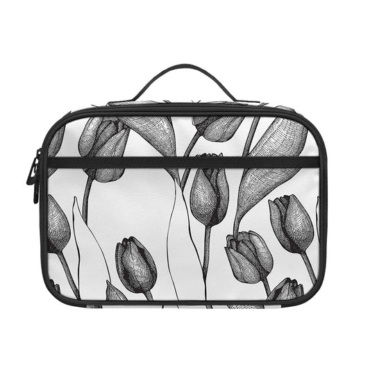 Black And White Tulip Pattern Print Portable Lunch Bag