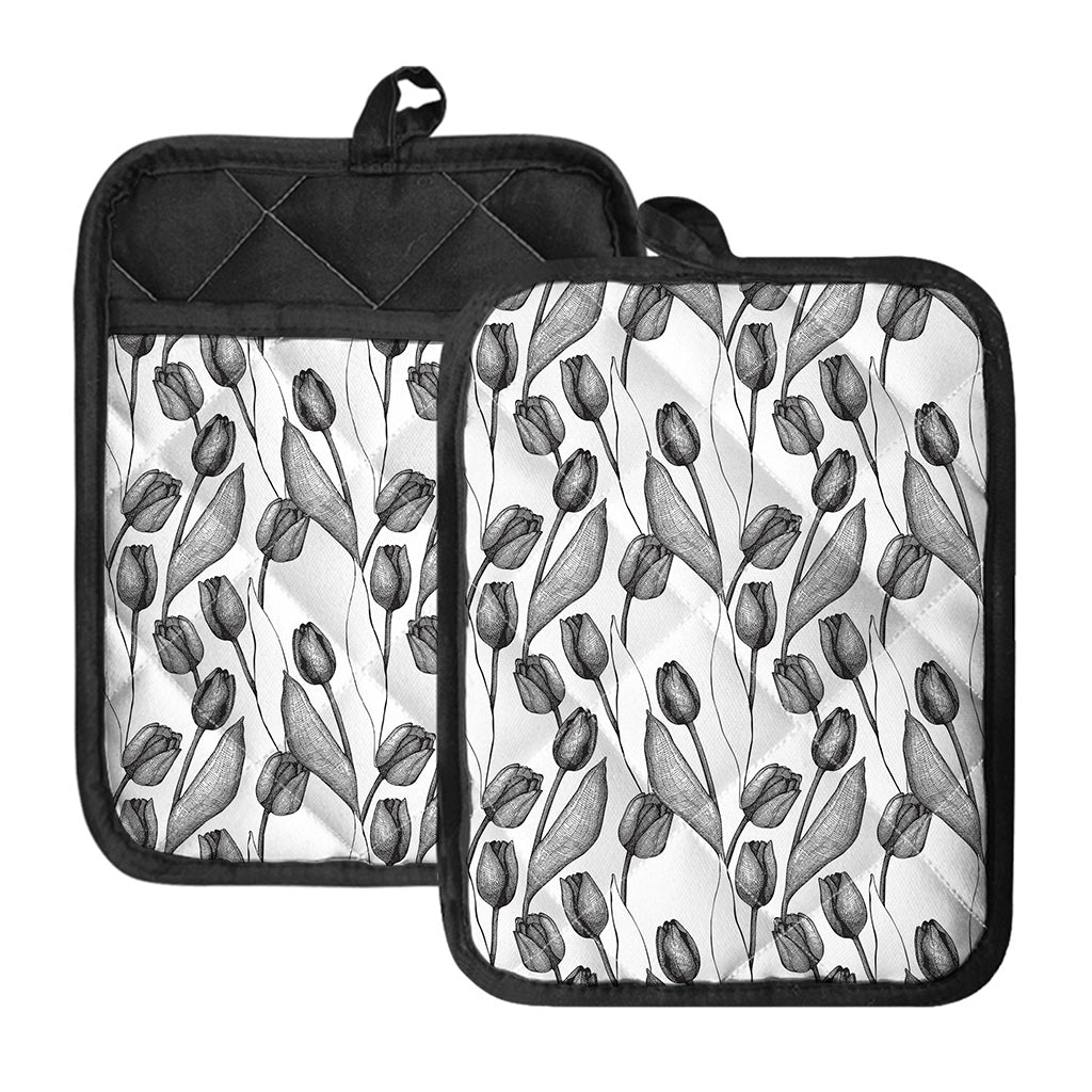 Black And White Tulip Pattern Print Pot Holders With Pocket