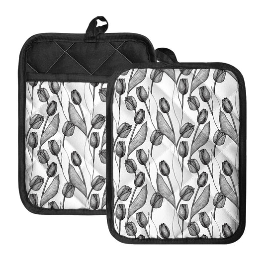 Black And White Tulip Pattern Print Pot Holders With Pocket