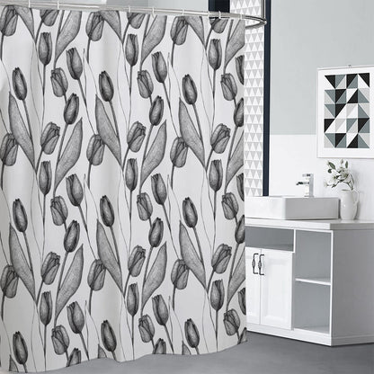 Black And White Tulip Pattern Print Premium Shower Curtain