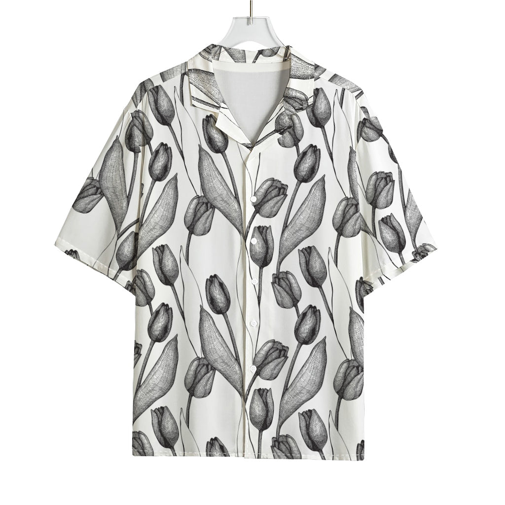 Black And White Tulip Pattern Print Rayon Hawaiian Shirt