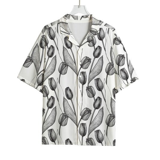 Black And White Tulip Pattern Print Rayon Hawaiian Shirt