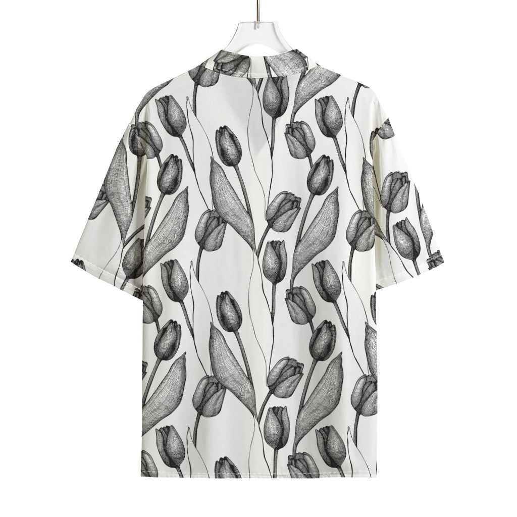 Black And White Tulip Pattern Print Rayon Hawaiian Shirt