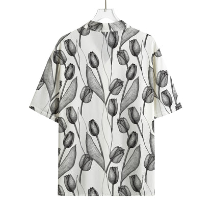 Black And White Tulip Pattern Print Rayon Hawaiian Shirt