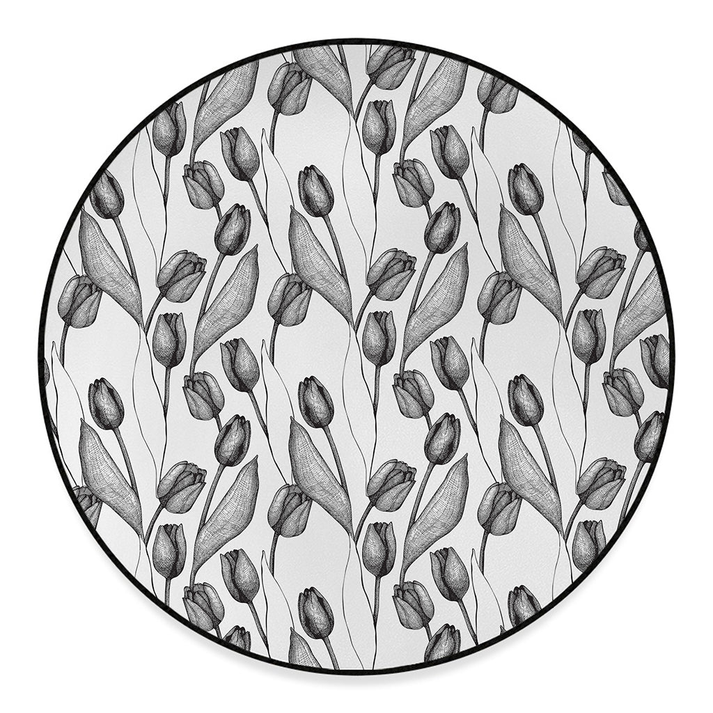 Black And White Tulip Pattern Print Round Floor Mat