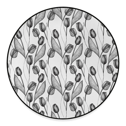 Black And White Tulip Pattern Print Round Floor Mat