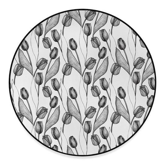 Black And White Tulip Pattern Print Round Floor Mat