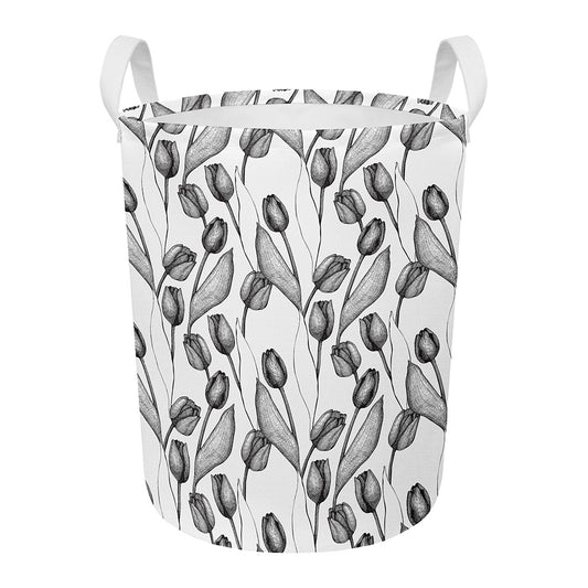 Black And White Tulip Pattern Print Round Laundry Basket