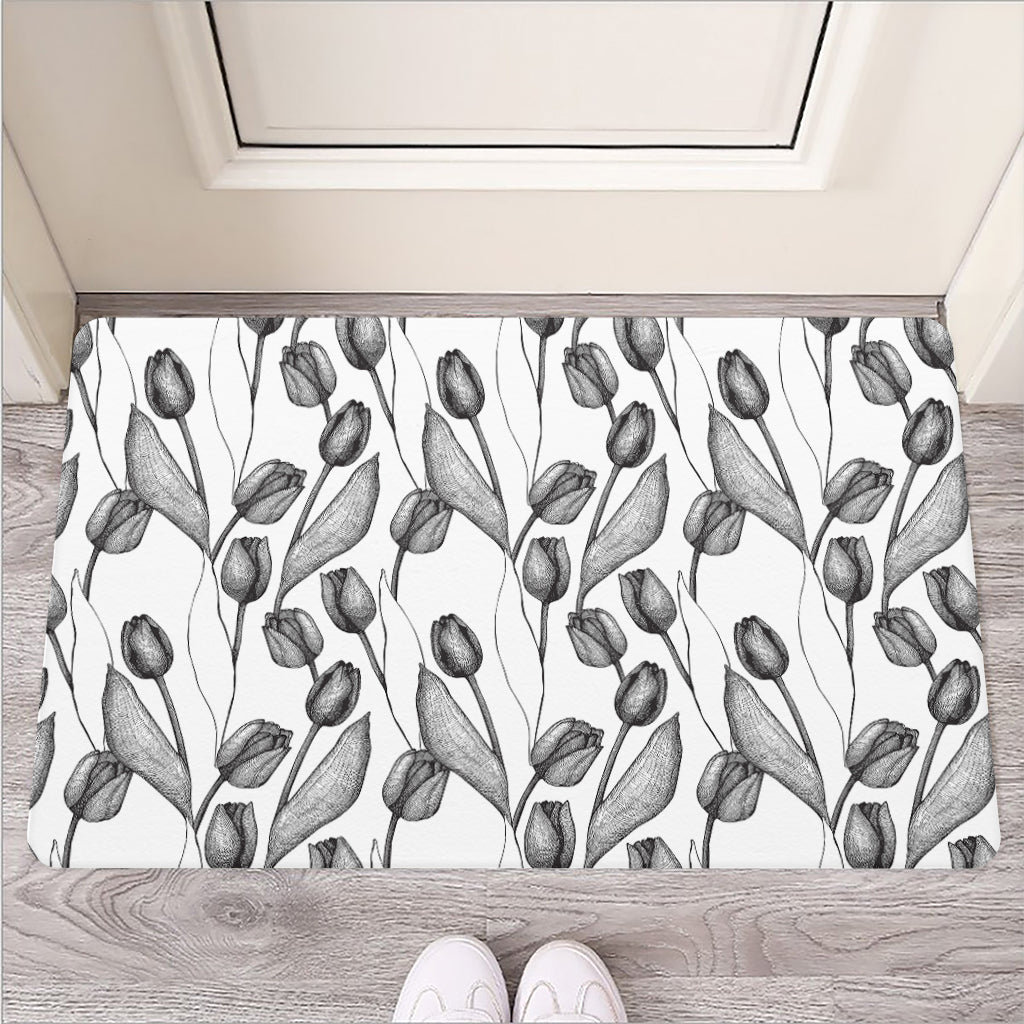Black And White Tulip Pattern Print Rubber Doormat