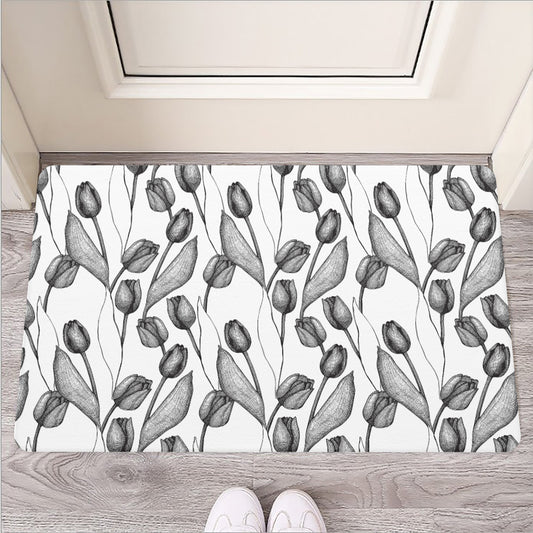 Black And White Tulip Pattern Print Rubber Doormat