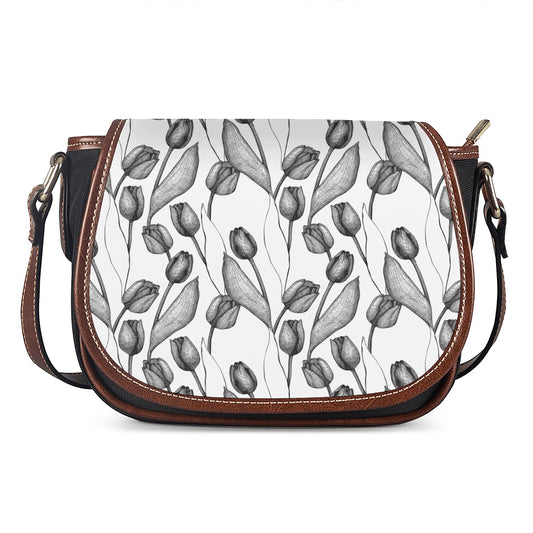 Black And White Tulip Pattern Print Saddle Bag