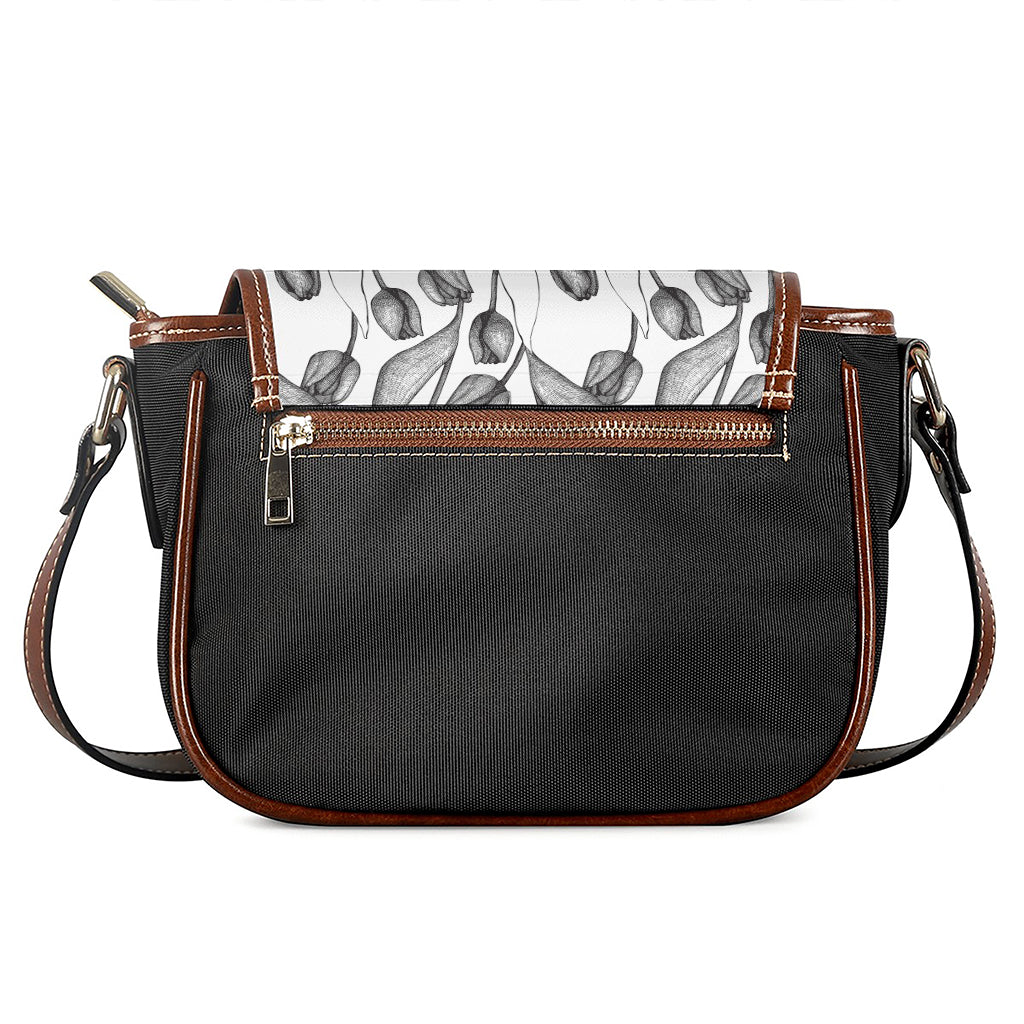 Black And White Tulip Pattern Print Saddle Bag