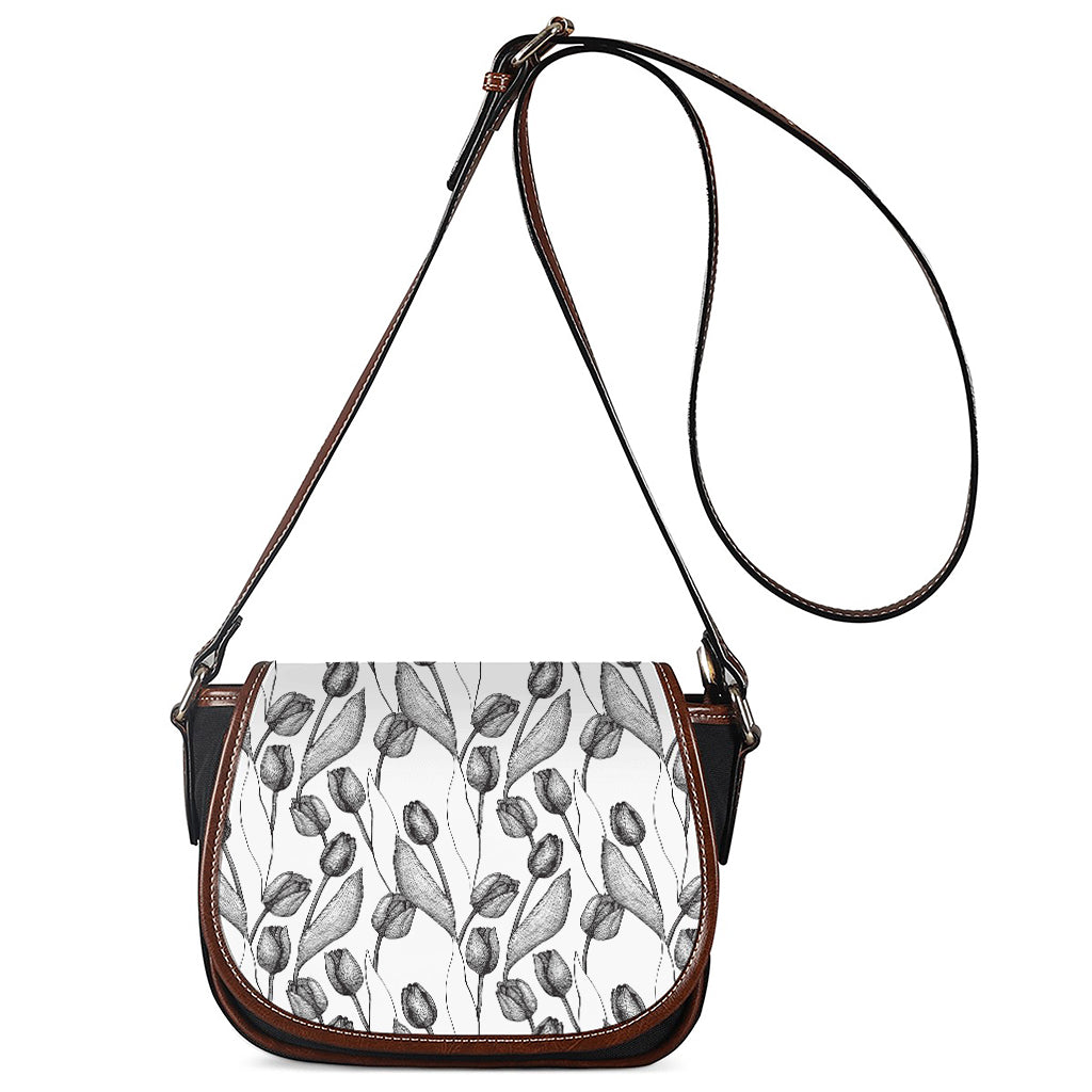 Black And White Tulip Pattern Print Saddle Bag