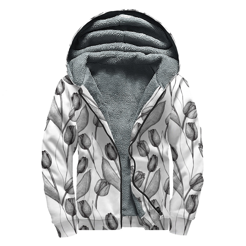 Black And White Tulip Pattern Print Sherpa Lined Zip Up Hoodie